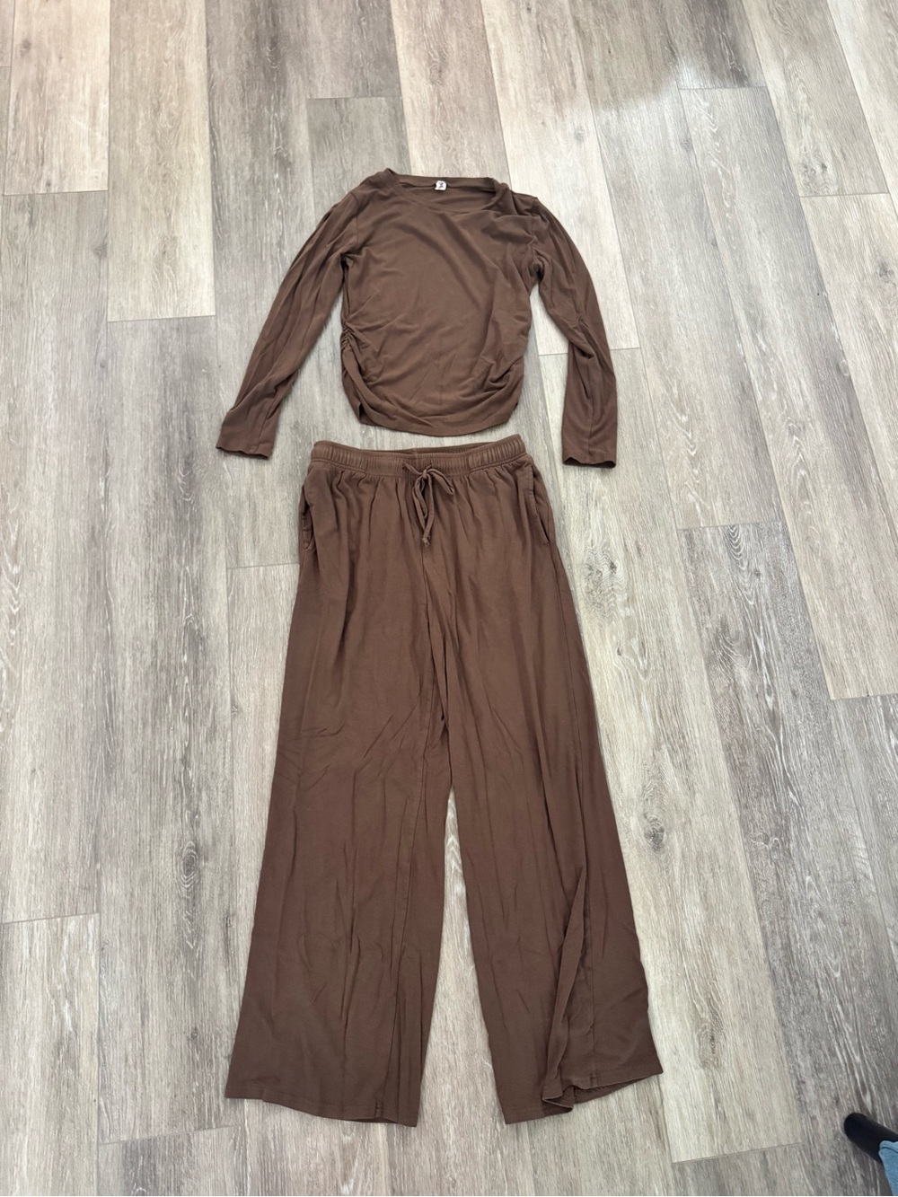 Brown Scrunched long sleeve & Wide-Leg Brown Lounge Pants with Drawstring Waist